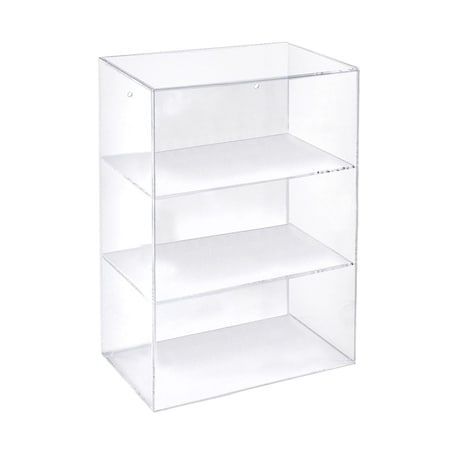 Azar Displays Acrylic Countertop Open Case 12.375'' Wide w/ 2 Non-Removable Shelves and Wall Hanging Holes 255658
